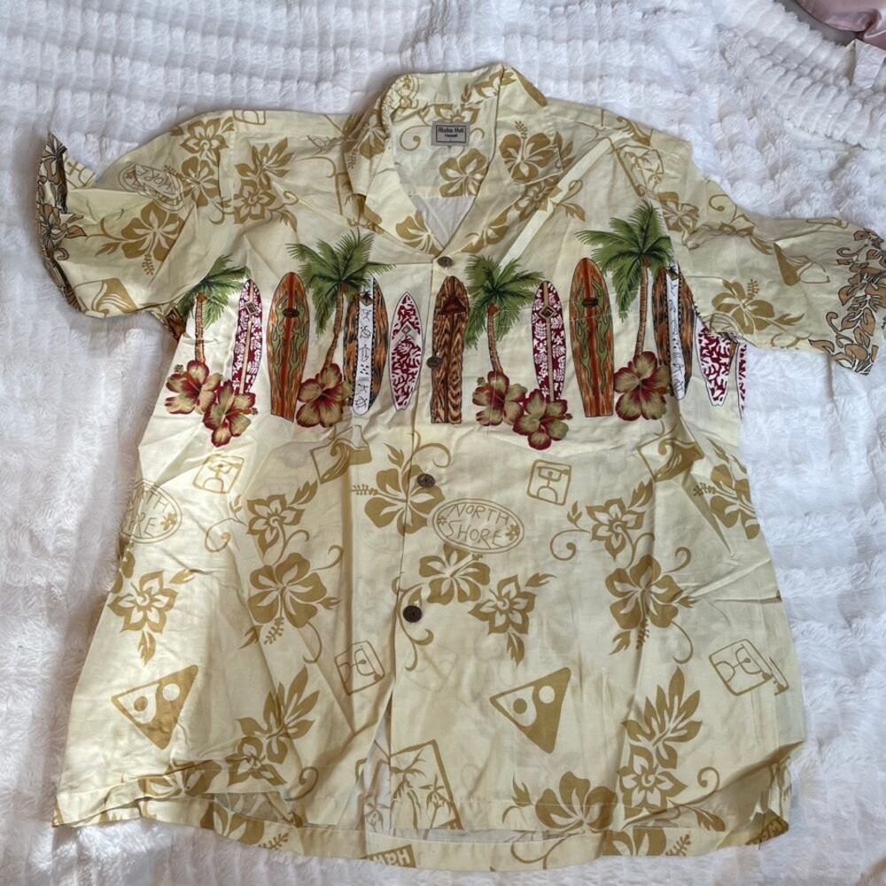ALOHA HUT Large Button‎ Up Hawaiian Shirt Surfboards Floral Palm Trees Cream